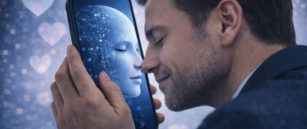 Illustration d&rsquo;un homme rapprochant son visage d&rsquo;un smartphone affichant une intelligence artificielle, sur un arri&egrave;re-plan compos&eacute; de c&oelig;urs.