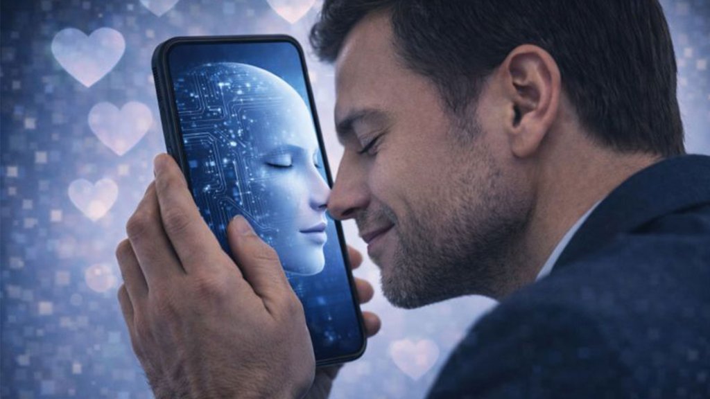 Illustration d&rsquo;un homme rapprochant son visage d&rsquo;un smartphone affichant une intelligence artificielle, sur un arri&egrave;re-plan compos&eacute; de c&oelig;urs.