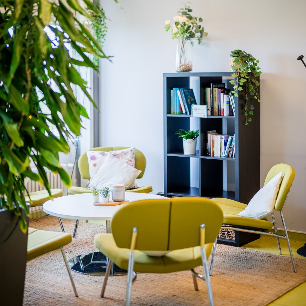 Espace d&eacute;tente du BLSI am&eacute;nag&eacute; avec des fauteuils, une table basse, une biblioth&egrave;que et des plantes
